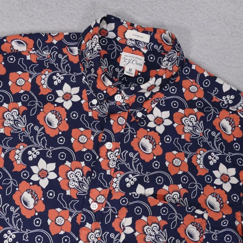 J Crew Floral Shirt Mens Medium Classic Fit Blue Short Sleeve Button Down